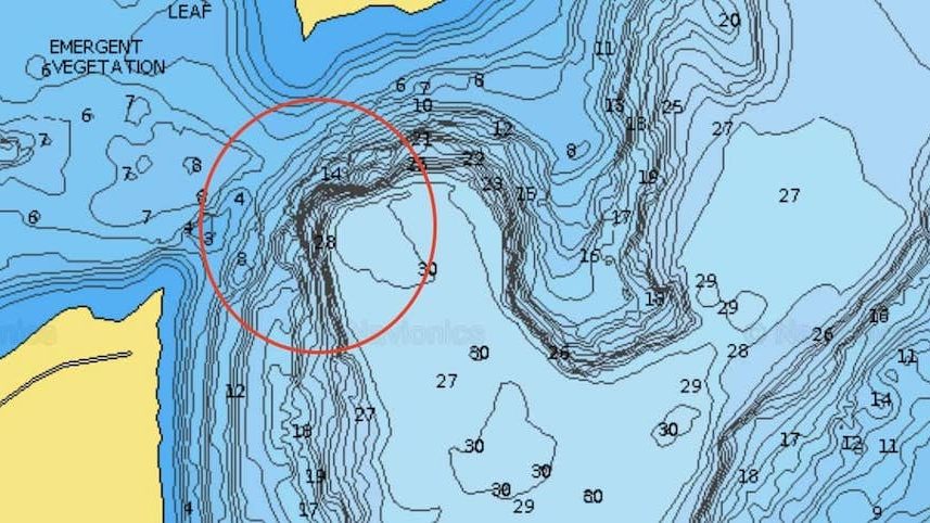Map showing late fall crappie locations suspended in deep water basins at 30+ feet