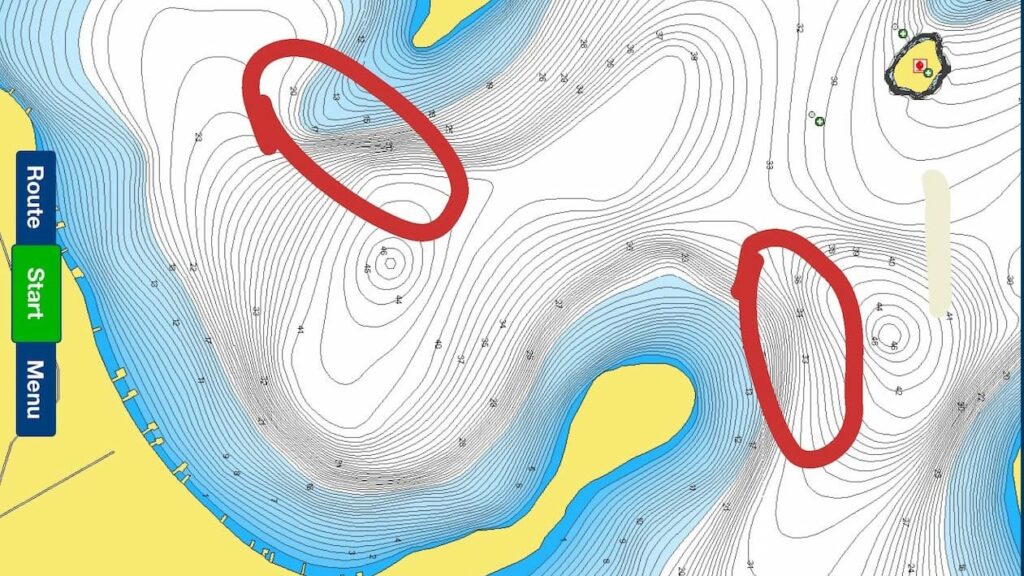 Fishing map highlighting key crappie locations during fall season